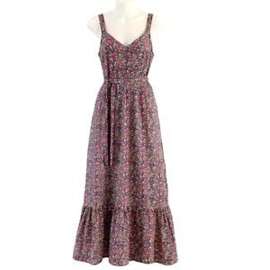 J. Crew Factory Linen Blend Floral Maxi Dress Size 0 Navy Cottagecore Ruffle Hem